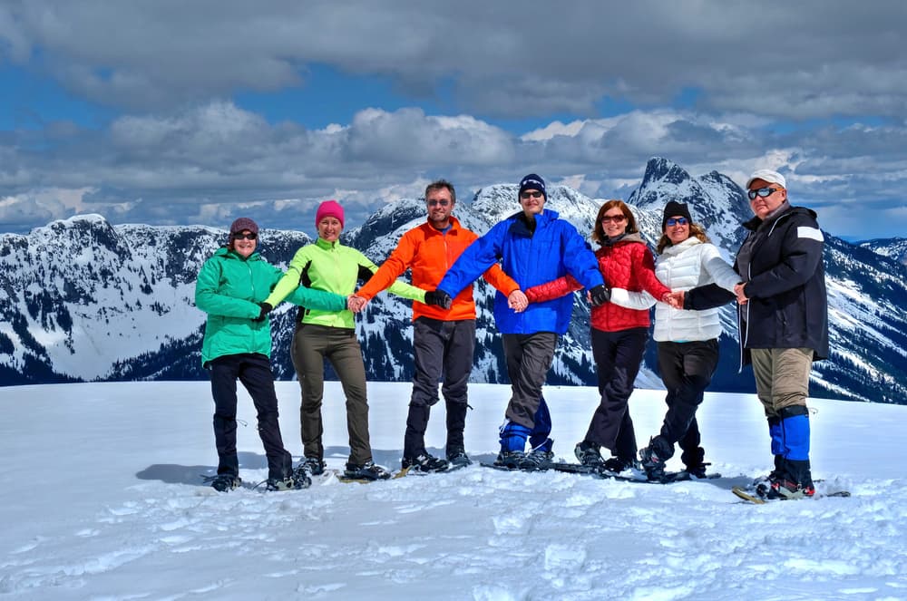 Group of friends in mountains holding hands in a chain