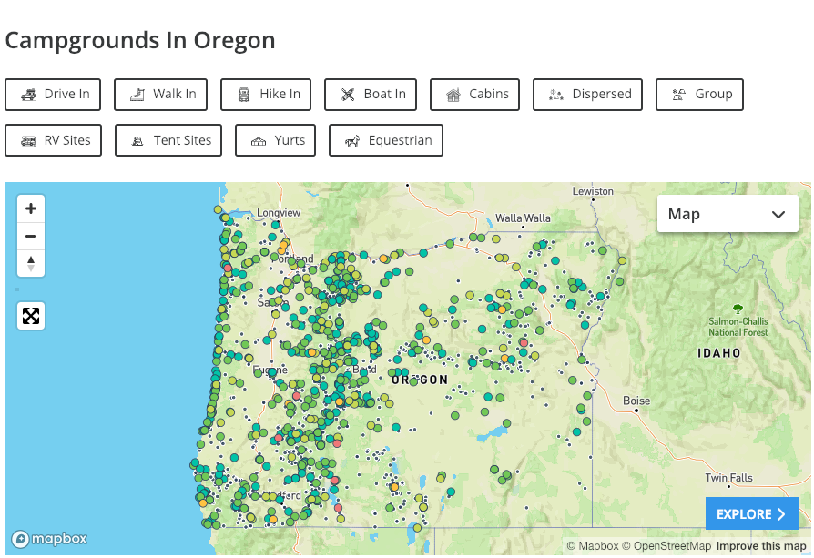 all campgrounds in oregon, mapped