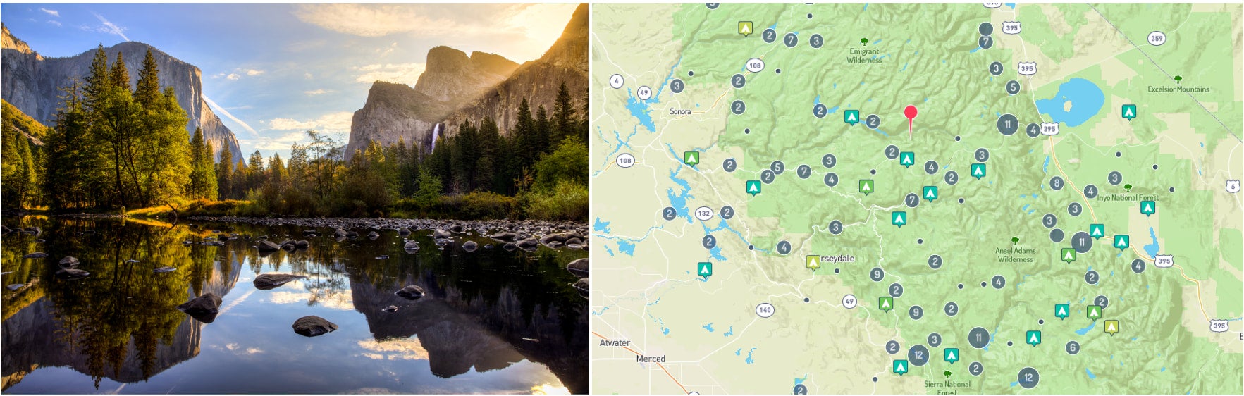 split image of yosemite national park and national park campgrounds mapped on the dyrt