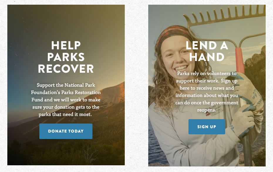 banner reading: (left) help parks recover, donate today (right) lend a hand, sign up to volunteer