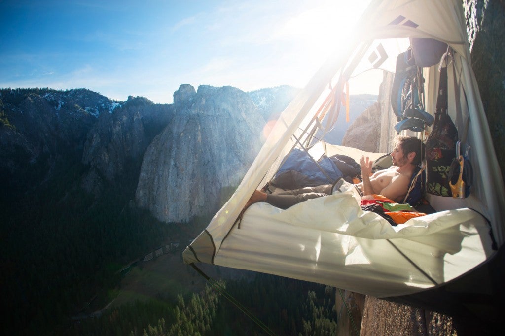 a climber in a suspended hammock seen in a still from a movie showing at the wild & scenic film festival