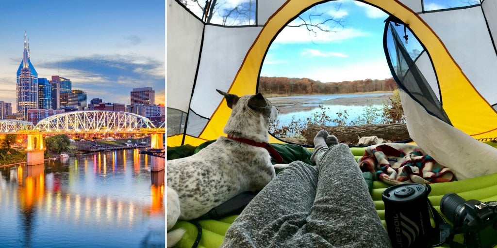 Illuminated bridge in Nashville beside image of dog and camper inside yellow tent
