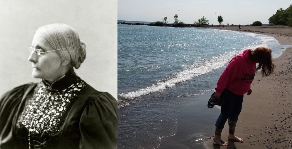 Left: Portrait photograph of Susan B. Anthony. Right: Woman in pink hoodie standing on the beach at Hamlin Beach State Park