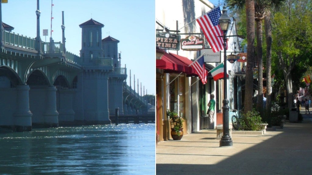 (left) Bridge of Lions in st. augustine (right) colorful shops and palm trees along st. george street in st. augustine, florida