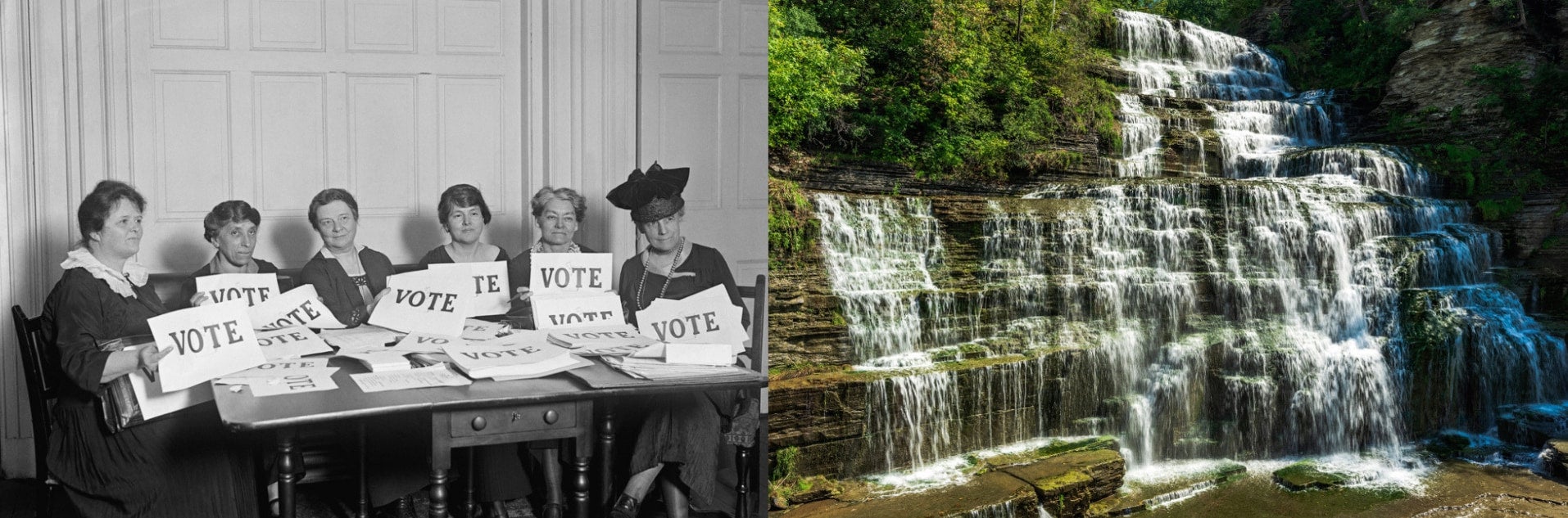 (left) historical image of suffragettes holding signs displaying the word vote (right) water cascades down green mossy rocks