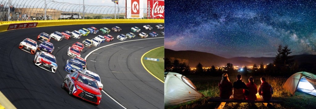 (left) dozens of vehicles approaching on an angled nascar track (right) long exposure of starry night sky over group campsite