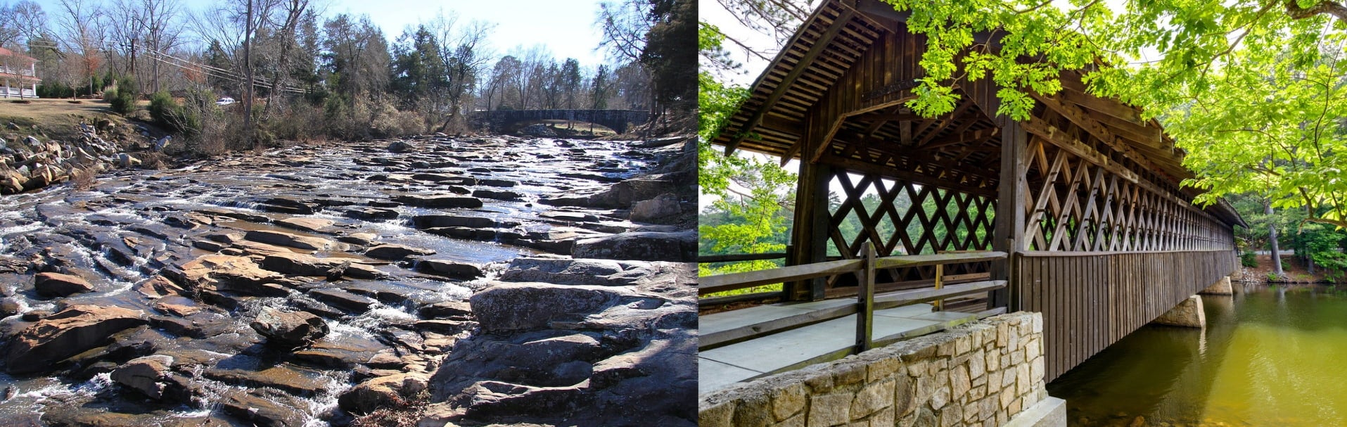 (left) riverbed with large smooth rocks (right) covered bridge in indian springs state park