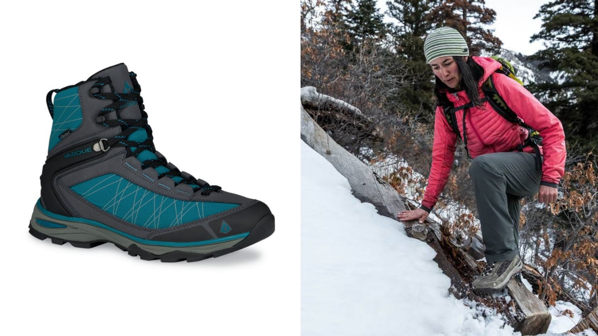 (left) gray black and teal winter hiking boot (right) woman in pink coat stepping over log on snow covered hiking trail