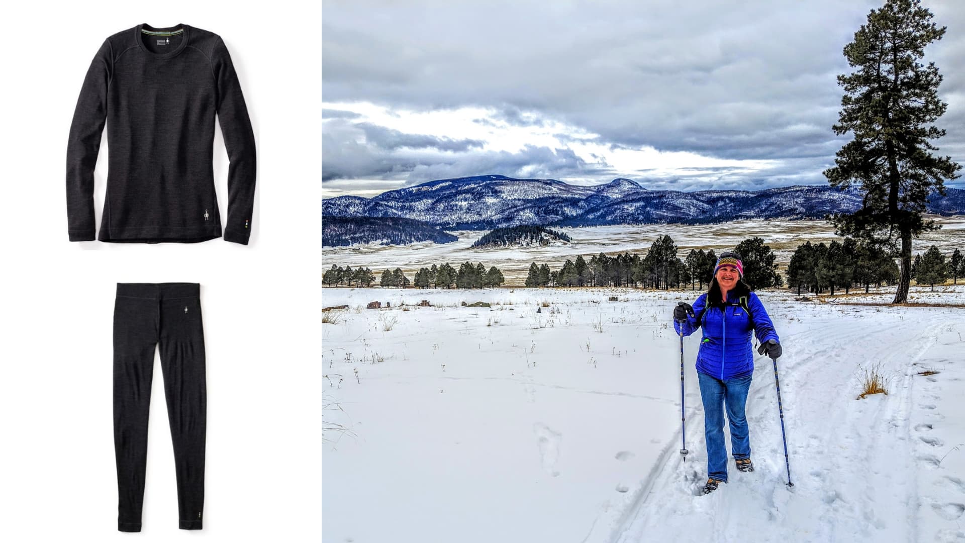 (left) charcoal gray wool base layers (right) woman in blue coat hiking through snowy winter landscape