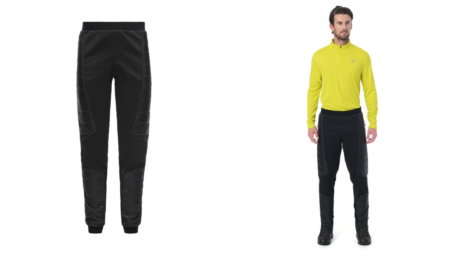 (left) black glissade pants (right) man in black glissade pants wearing bright yellow performance shirt