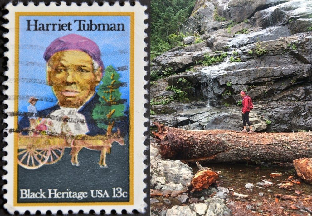 Left: Postage stamp of Harriet Tubman Right: Woman walking on fallen tree next to waterfall near Hejamada Campground in New York