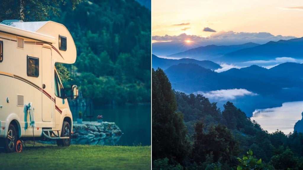 (left) small rv park on the edge of mountain lake (right) sunrise over the great smoky mountains
