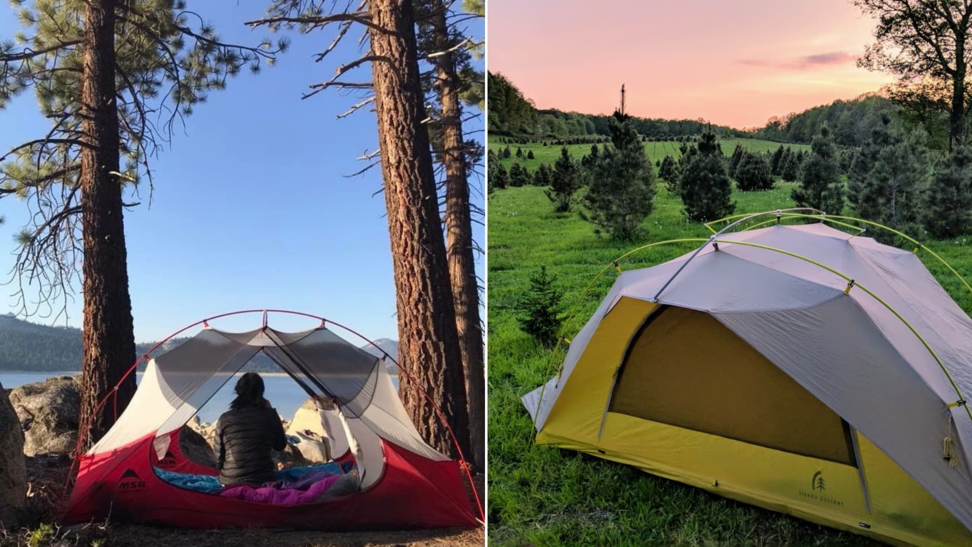 (left) woman sitting in red tent between large trees overlooking lake (right) yellow tent set up on grass among young pine trees