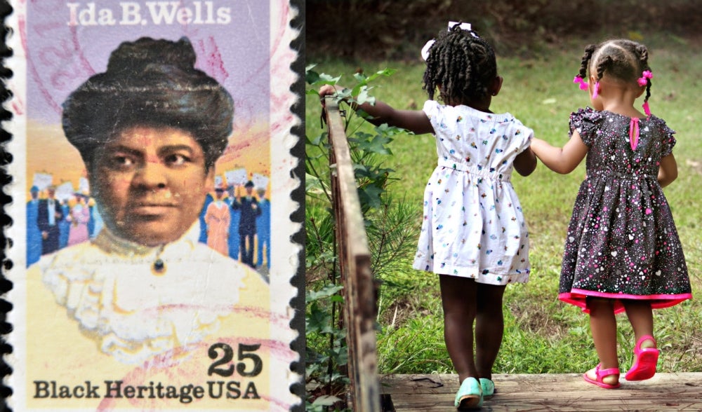 Left: Postage stame of Ida B. Wells Right: Two young wearing polka dot dresses girls holding hands walking across a bridge. 
