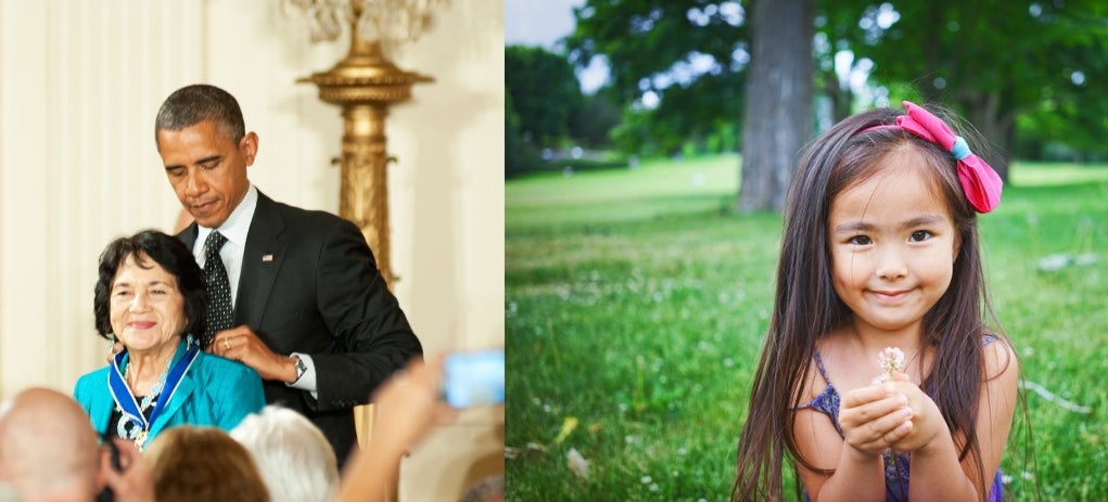 Left: President Obama awarding Dolores Huerta the Presidential Medal of Freedom. Right: Young girl with a pink bow in her hair holding a flower 