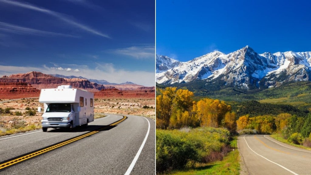 (left) Traveling by motorhome through the red rock desert of American Southwest (right) snow covered mountains towering over changing fall leaves of the valley