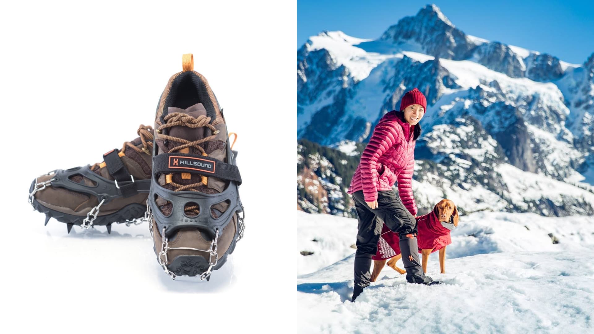 (left) pair of hiking boots with crampons (right) woman in red jacket and dog wearing red coat standing in snow with jagged peaks in the background