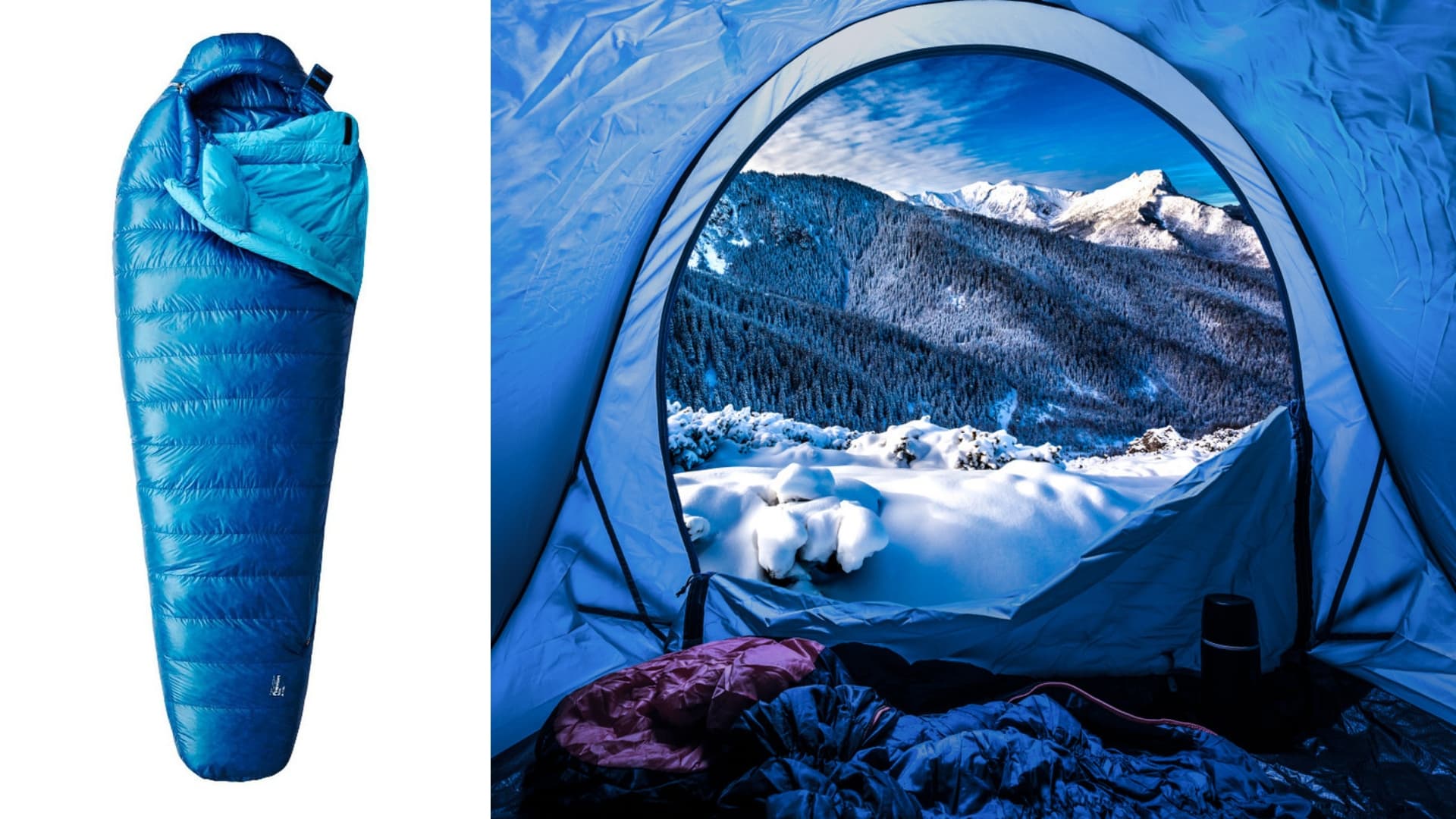 (left) blue down sleeping bag (right) blue tent filled with winter camping gear and open to snowy mountain landscape