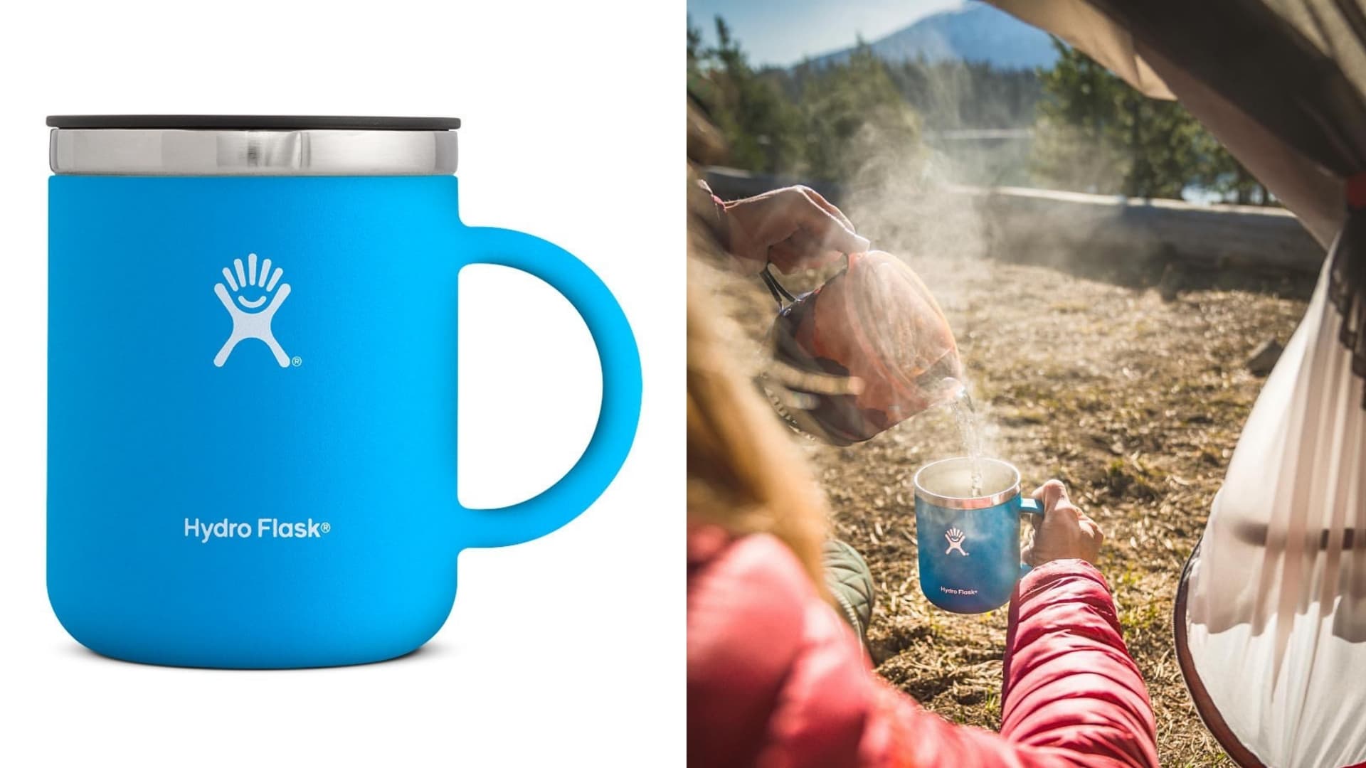 (left) blue hydroflask coffee mug (right) woman in red puffy coat sitting in open tent door pouring steaming water into coffee cup