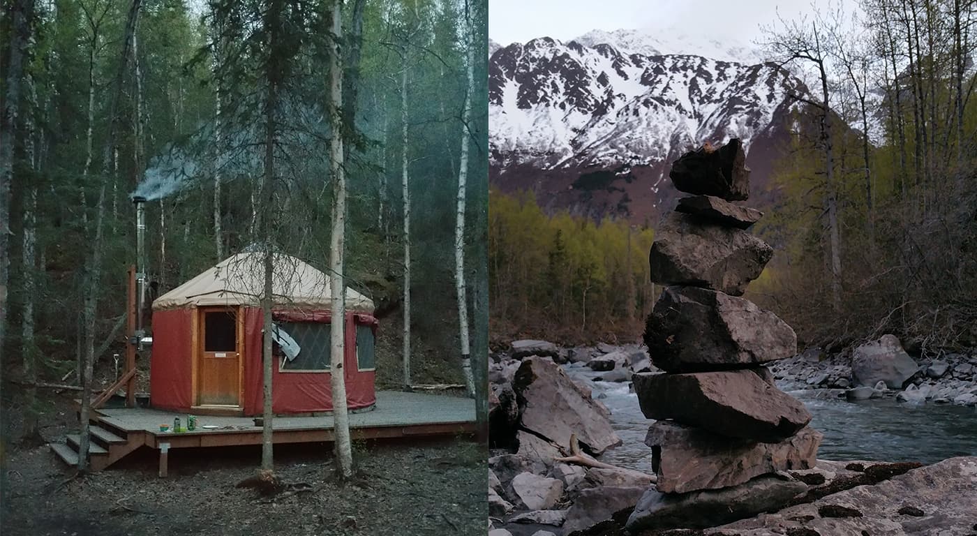 (left) Yurt on a wooden platform in the forest (right) A kearn sits on the rocks by the edge of a river with the snowcapped Chugach range in the background.