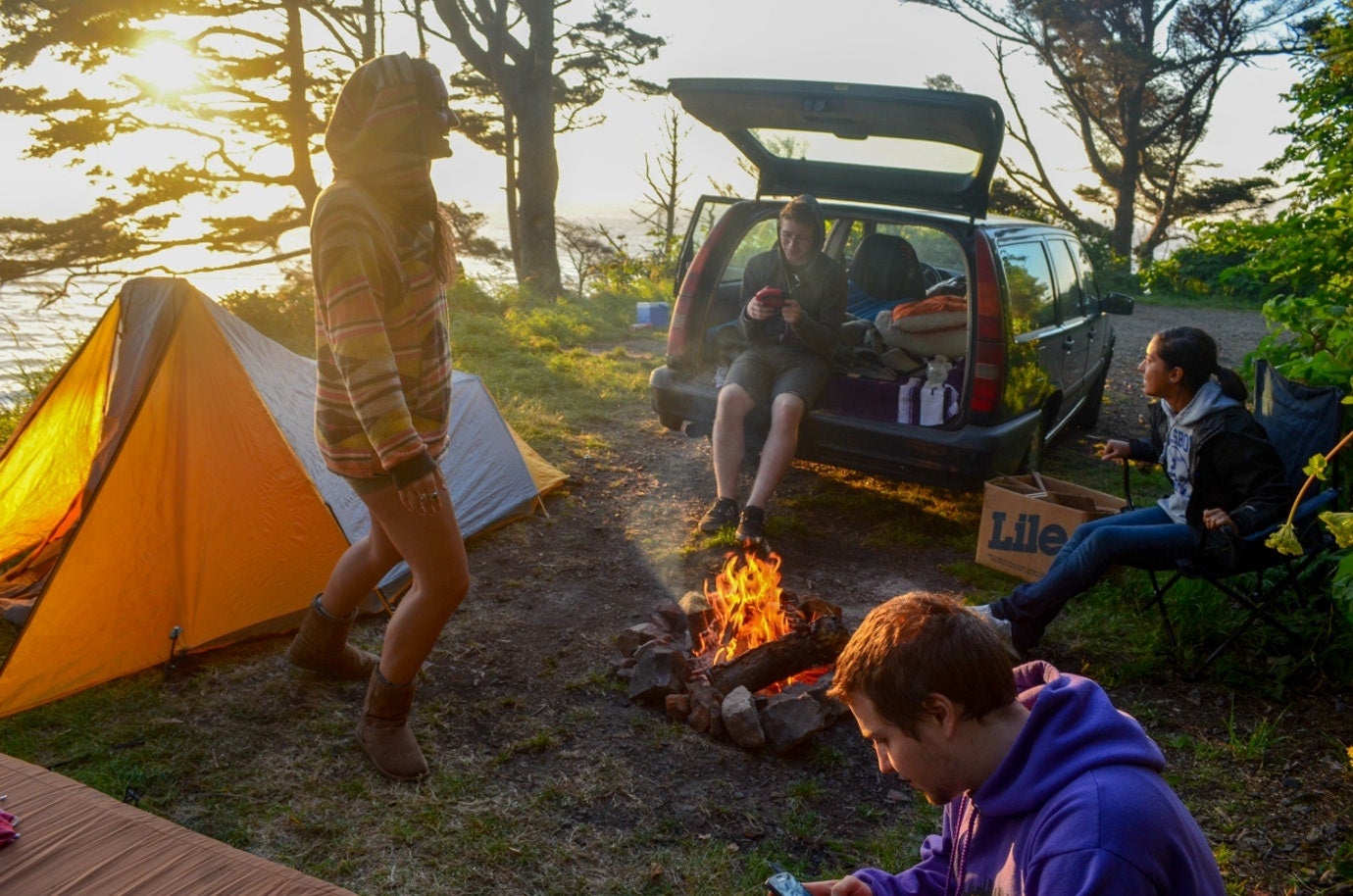 three friends gather round a camp fire as man in back of suv plays ukulele