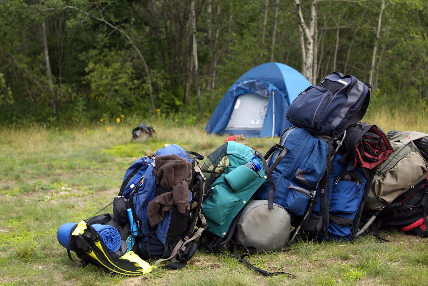 Blue and green backpacking packs stacked in a pile at a wooded tent campsite