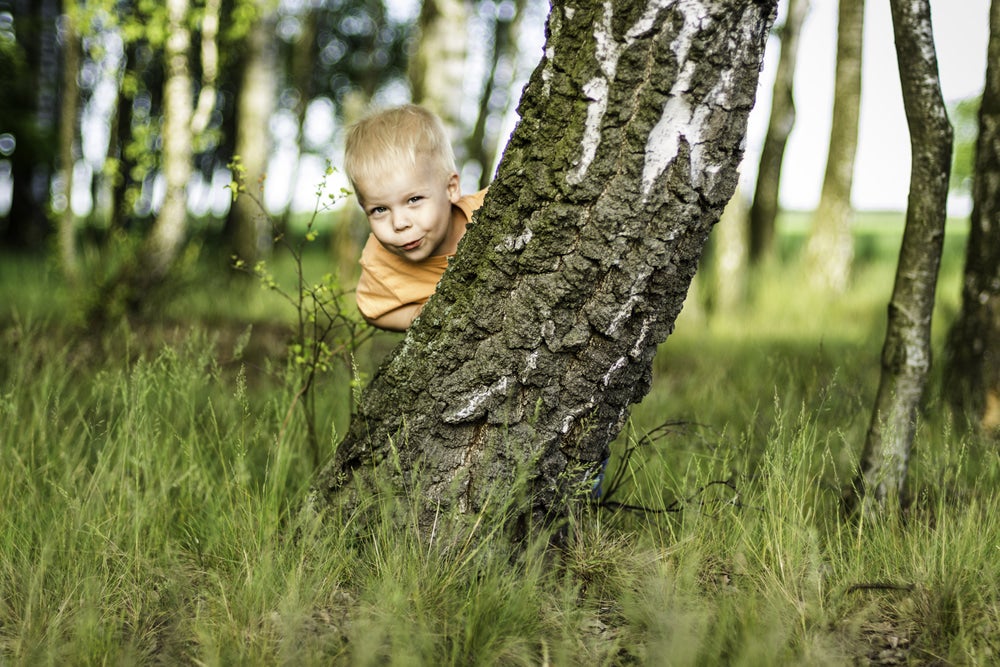 young boy peeking from behind a tree 