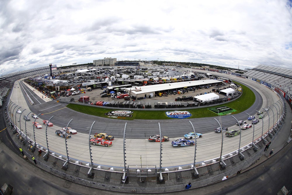 aerial, fish-eye view of dover race track on a cloudy day