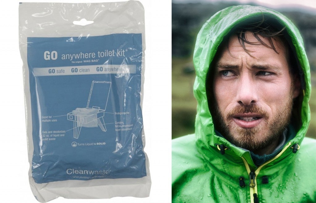 (left) cleanwaste wag bag kit on a white background (right) closeup of a disgruntled outdoorsman in a green hooded jacket
