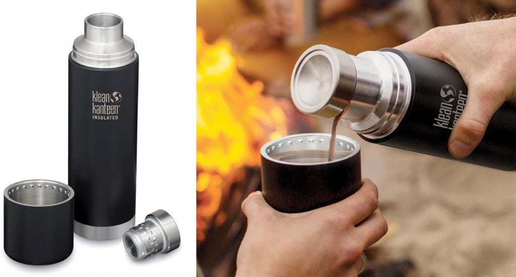 a split image of a klean kanteen TKPro Thermos on the let and the same thermos pouring coffee on the right
