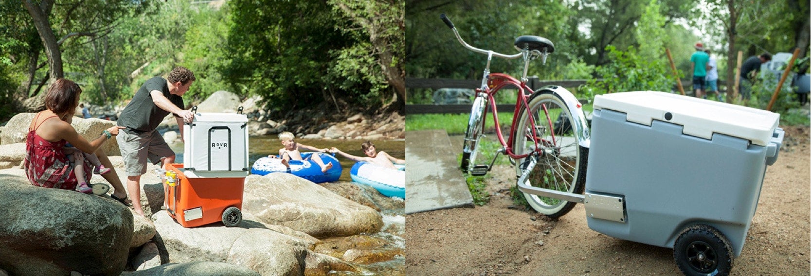 (left) family on the bank of a river beside an open RovR rolling cooler (right) RovR cooler towed from a bike by the back spokes
