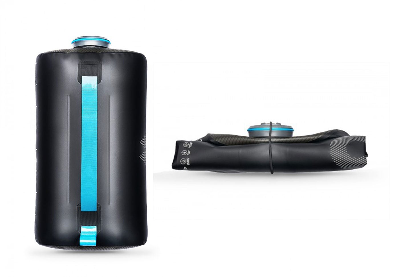 product image of two expedition collapsible water bottles, one full of water and one collapsed