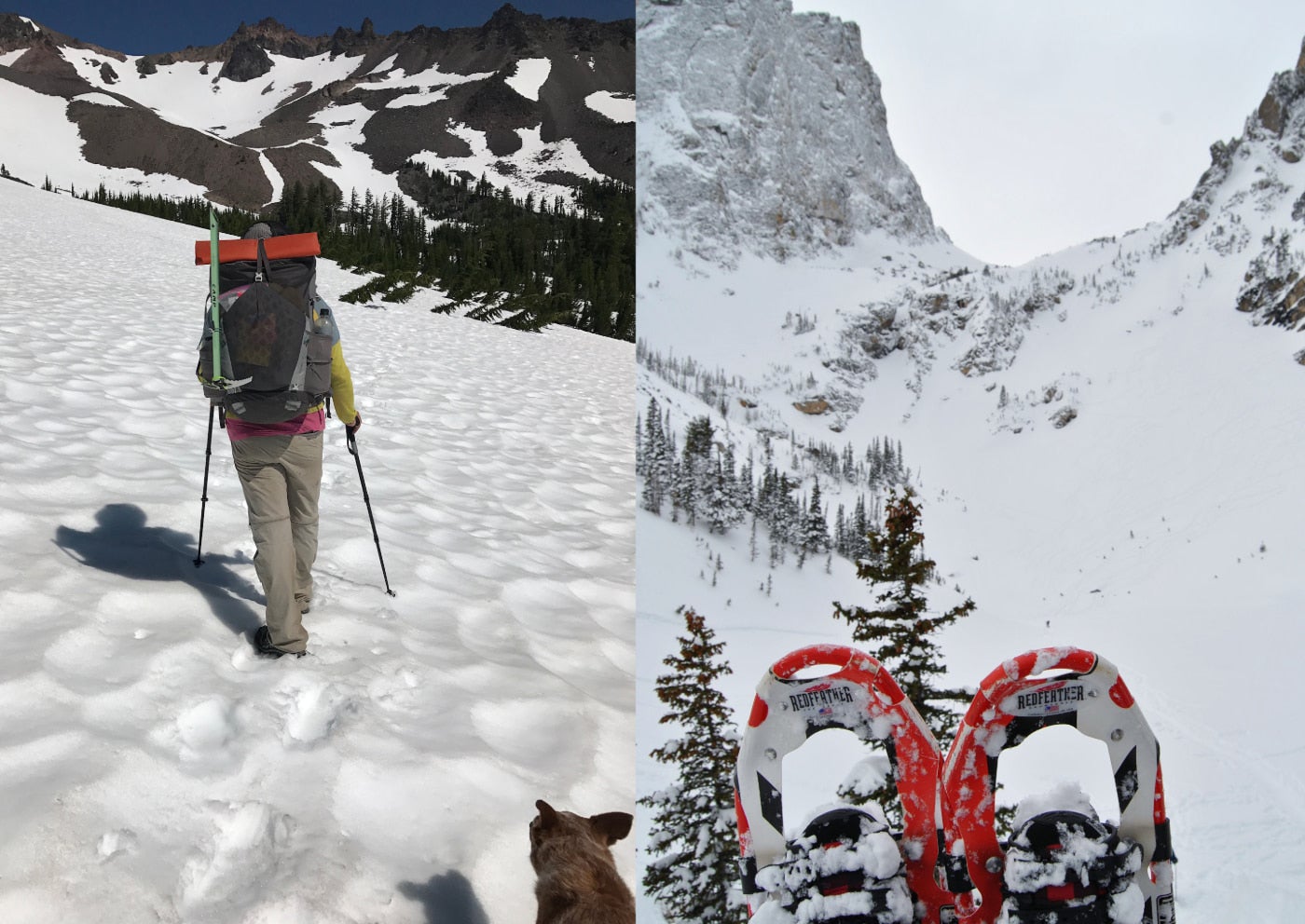 left: a hiker uses poles to walk up a snowfield towards a volcanic mountain on a sunny day. Left: pair of red snowshoes in foreground overlooking snowy mountain valley