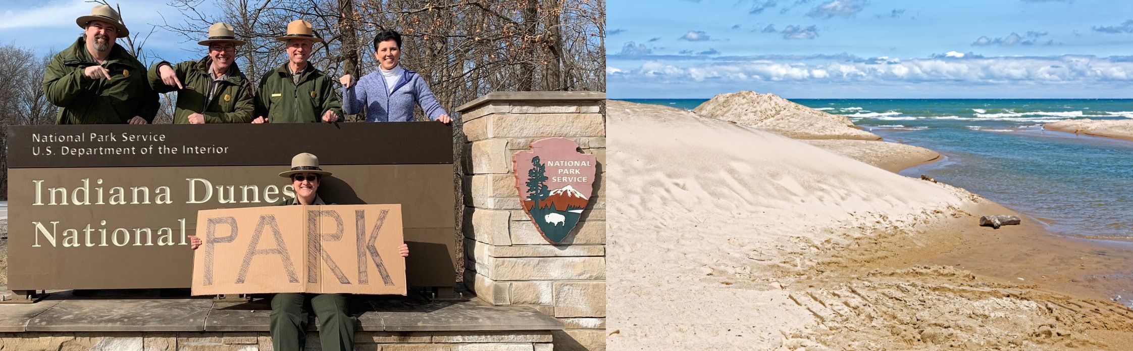 (left) park rangers in front of a sign for indiana dunes holding up a homemade sign that says PARK (right) image of a sandy shoreline at lake michigan