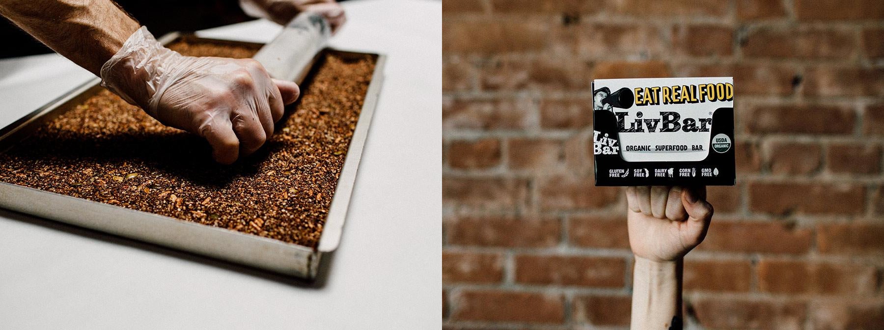 (left) person out of frame rolling out granola bars with a rolling pin (right) pack of livbars rest on top of extended fist in front of brick building