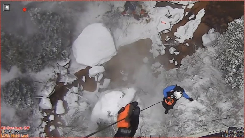 screenshot: aerial view of rescuers repelling down to hiker stuck in quicksand below