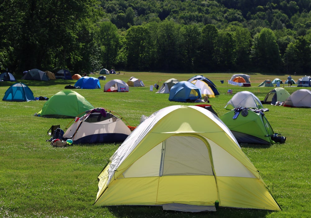 a cluster of dispersed tents on a green field against a forest.