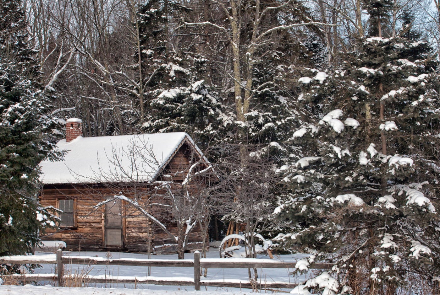 A snow covered log cabin with a brick chimney is nestled behind a wooden fence in a cluster of evergreens and deciduos trees.