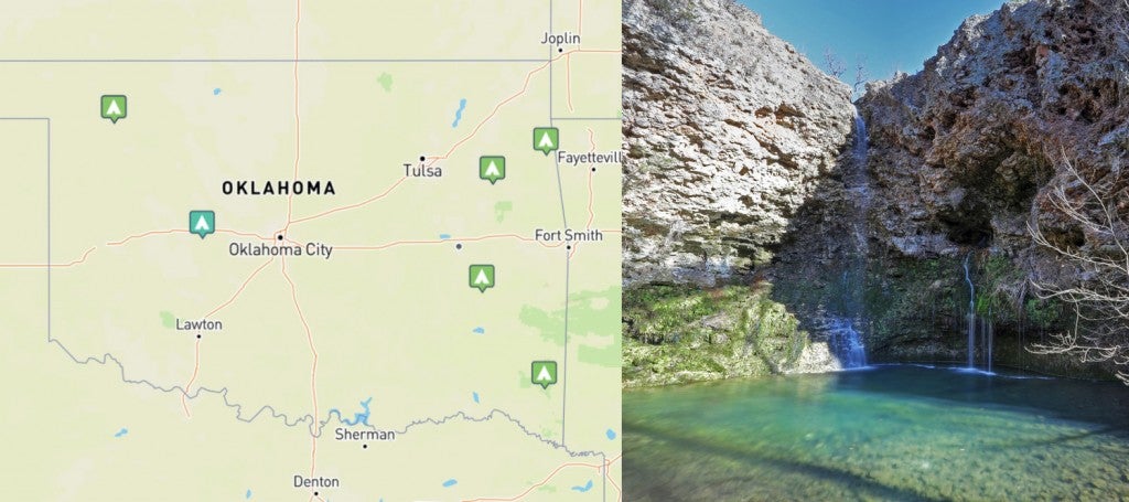 (right) state parks in oklahoma mapped on the dyrt (left) Blue waterfall cascading off a sandstone cliff at Natural Falls, OK.
