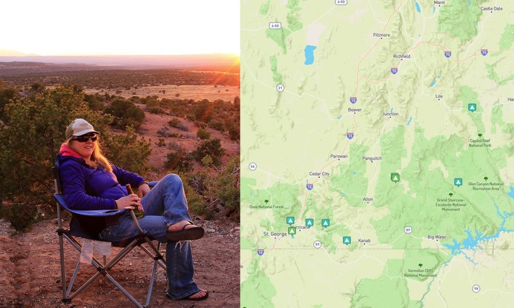 (left) woman reclines in camp chair holding a beer at sunset (right) options for camping in southern utah mapped on the dyrt