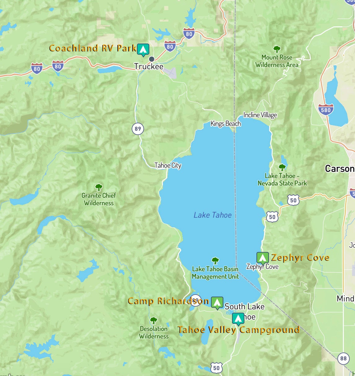 Map of Lake Tahoe showing the locations of the four campgrounds listed.