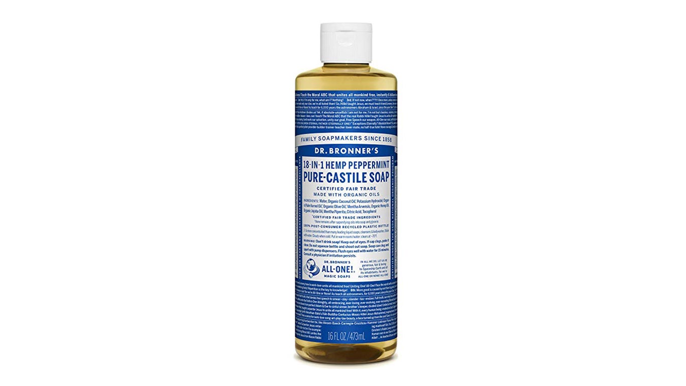 Image of blue bottle of Dr. Bronners peppermint castille soap