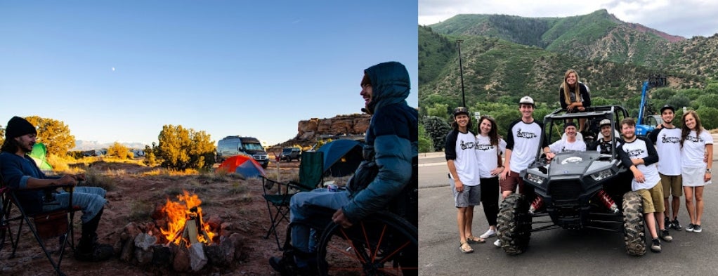 Left: Two men sitting around campfire with tent and desert in background. Right: Return to Dirt adaptive sports team stands around ATV with mountains in background 