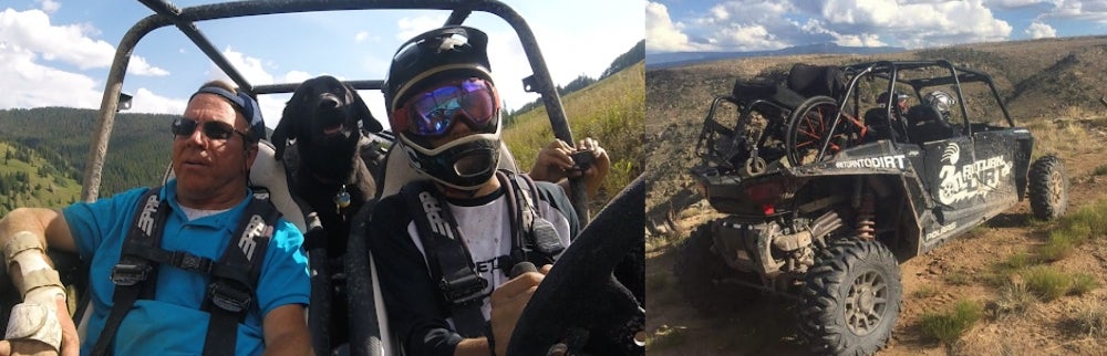 Left: Three men facing camera while riding in ATV. Right: ATV on red dirt road in Utah