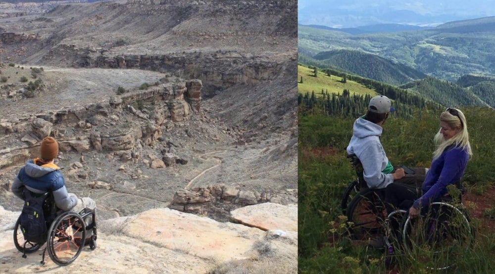 Left: Man in wheelchair looking over large canyon. Right: Two people in wheelchairs in field looking over green valley in Colorado 