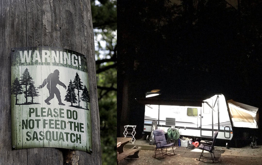 a warning sign about bigfoot in georgia and a camping trailer at night