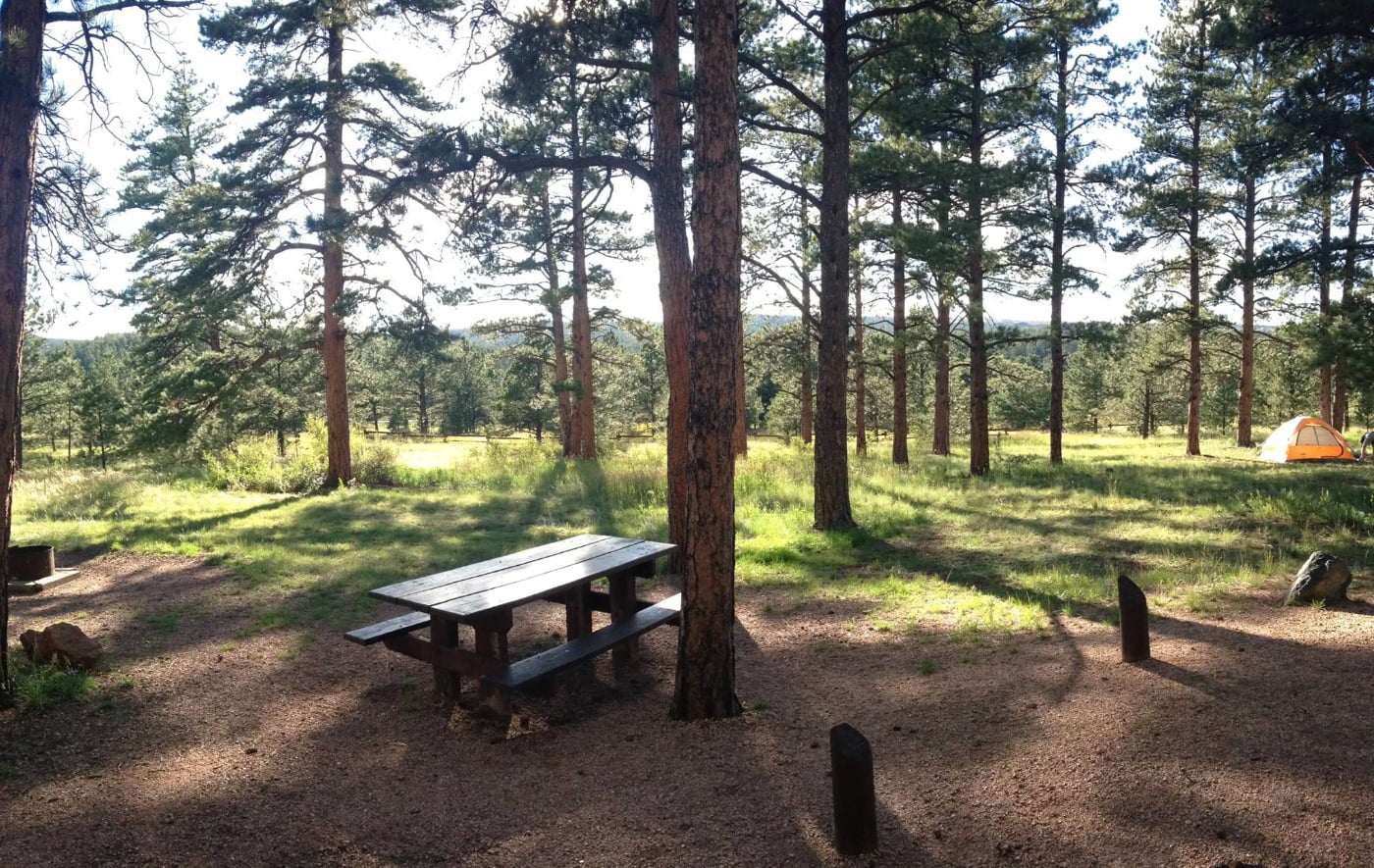 wooded camp site with tent and picnic table beside a green field.