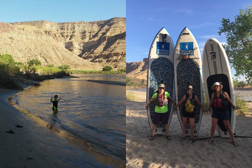 (left) young child plays in water along swasey's beach (right) three women pose for photo in front of their stand up paddleboards