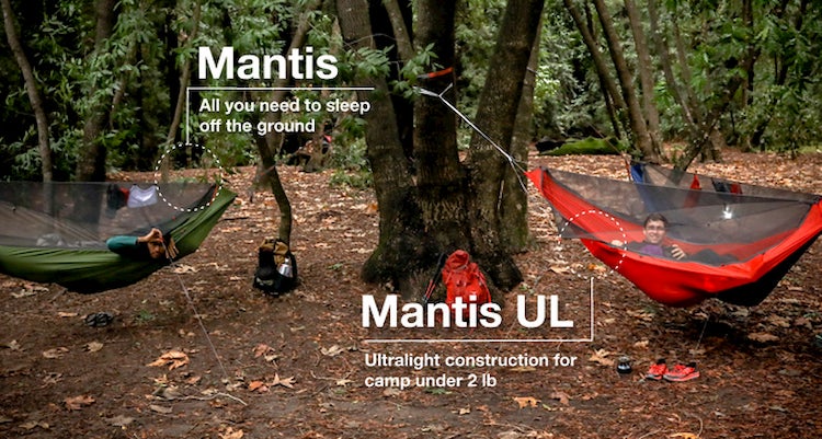 a promotional image for the mantis backcountry hammock tent with two hammocks strung on a tree and people in them