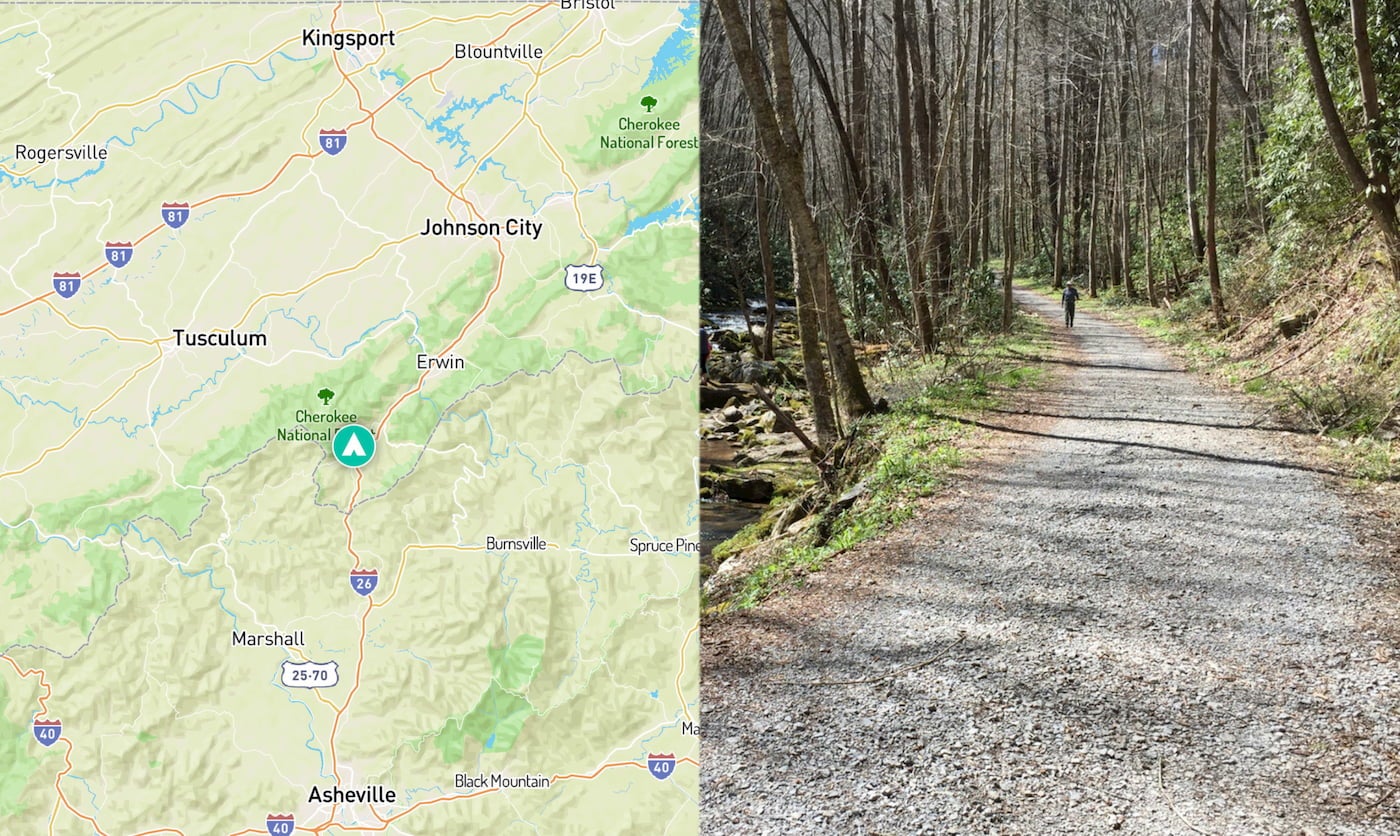 Left: Map showing Rocky Fork State Park, Right: person in a hat walking beside a rushing river in Rocky Fork.
